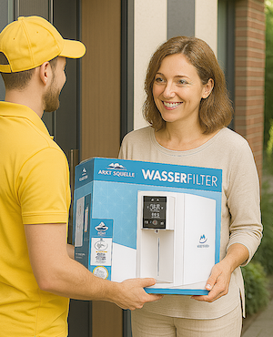 Paketzusteller übergibt den Arktisquelle Wasserfilter im Versandkarton an der Haustür.