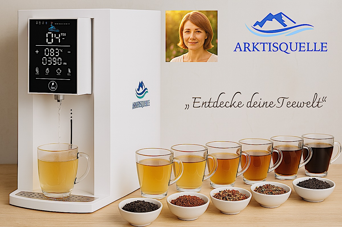 Arktisquelle auf einem Tisch – daneben mehrere Gläser Tee in verschiedenen Farbtönen zur Verkostung.