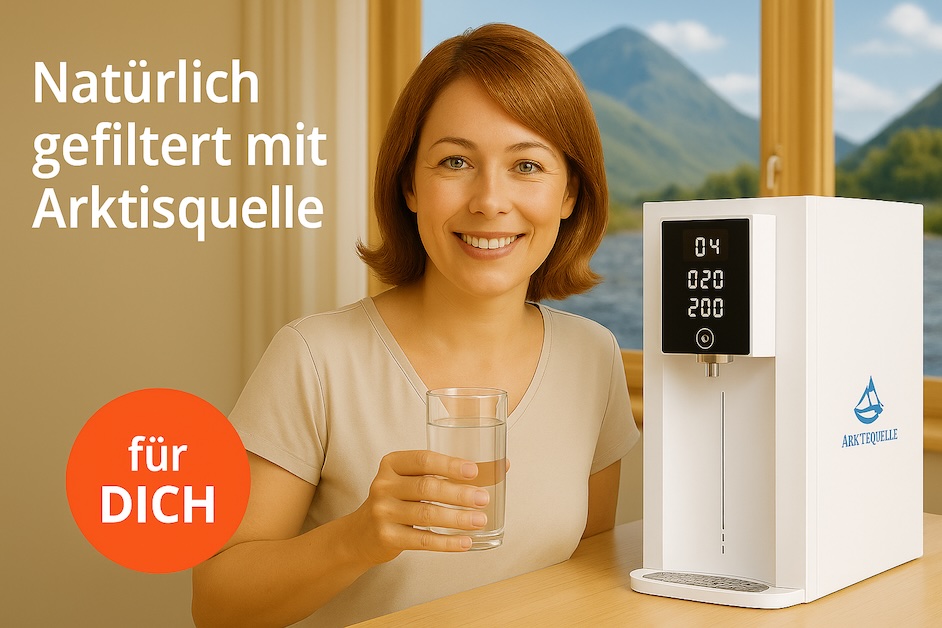 Eva zeigt ihren Arktisquelle Wasserfilter in der Küche.